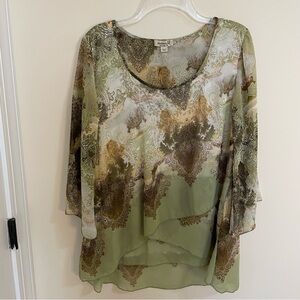 One World Chiffon Layered Olive and Brown Tunic Blouse Women’s Size L